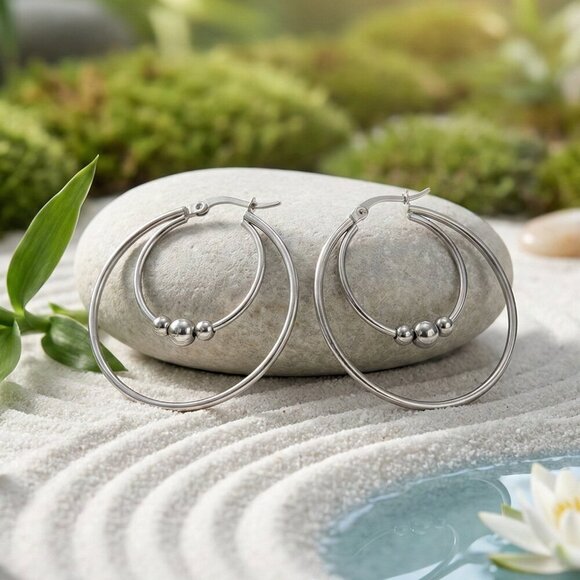 Minimalist Elegant Silver Beaded Stainless Steel Hoop Earrings β 1.4" Diameter - Picture 1 of 13